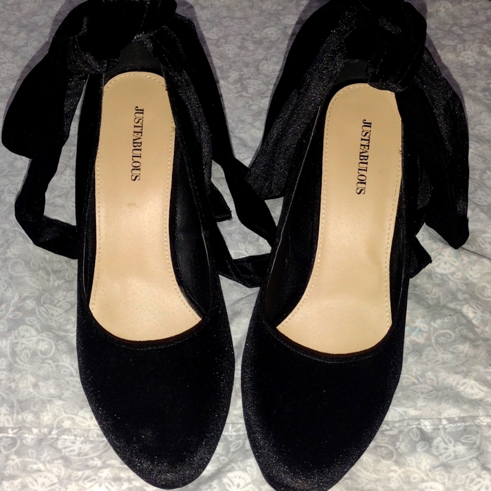 JUSTFAB Black Velvet Heels w/ Ribbon Tie